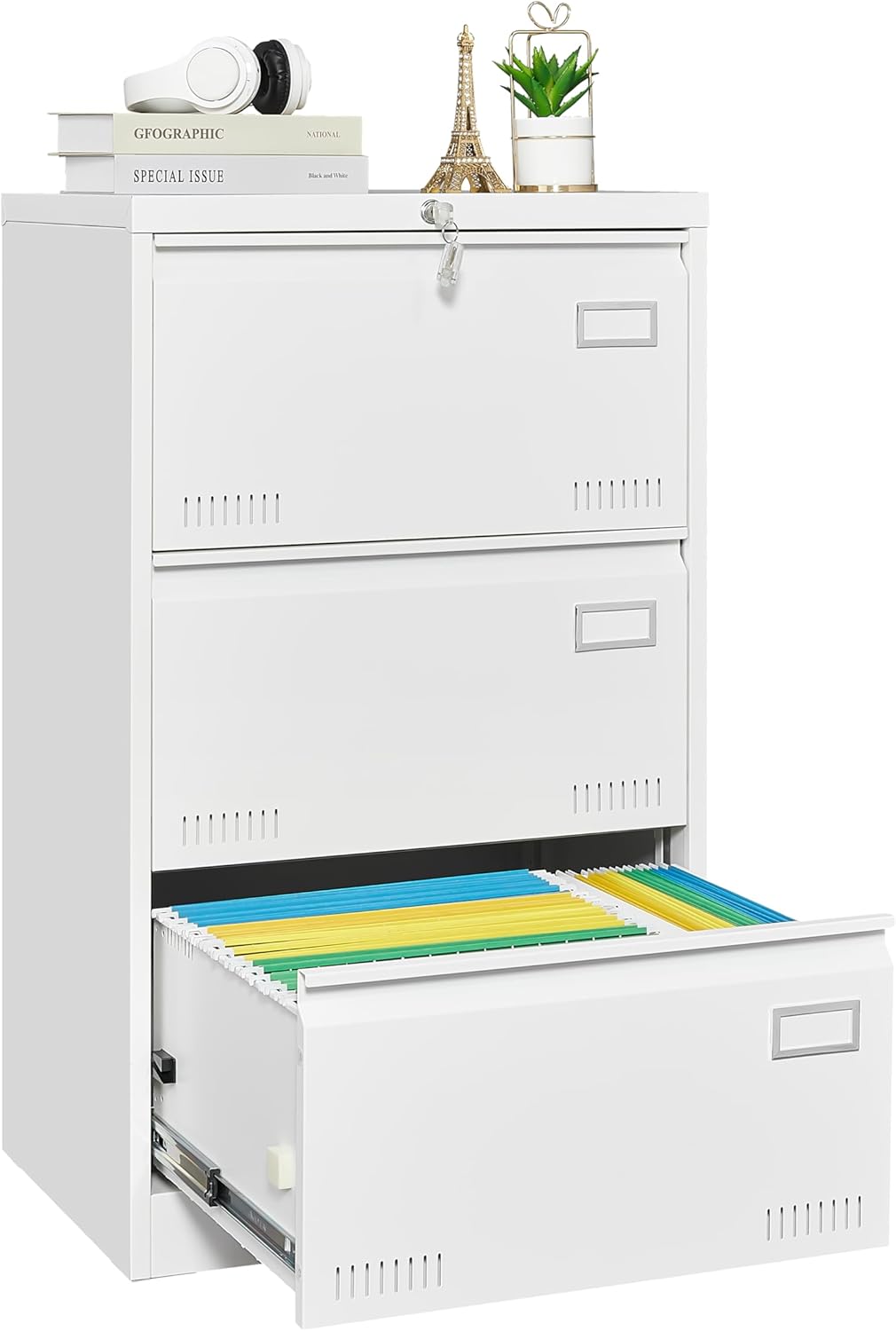 File Cabinet,Locking 3-Drawer Metal Lateral File Cabinet for Home Office, Legal/Letter/A4 Size Files, Assembly Required (3 Drawers, White)
