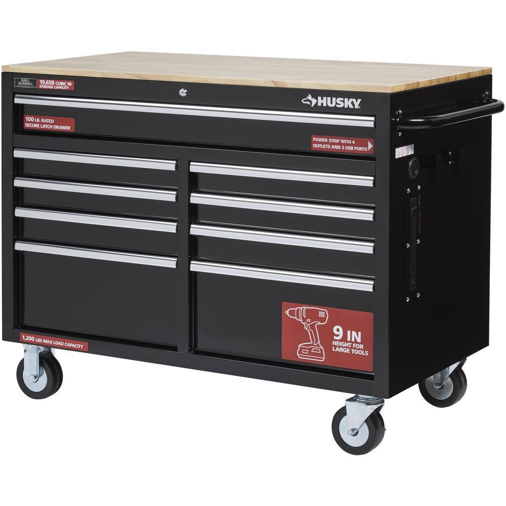 Husky 46 in. W x 24.5 in. D 9-Drawer Gloss Black Deep Tool Chest Mobile Workbench with Hardwood Top