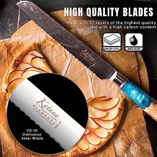 Grunwerg- Katana Elements 9 Piece Knife Block Set : 8 Japanese Quality Specialty Knives, Premium Damascus Steel Blades, Unique Resin Handle, Green