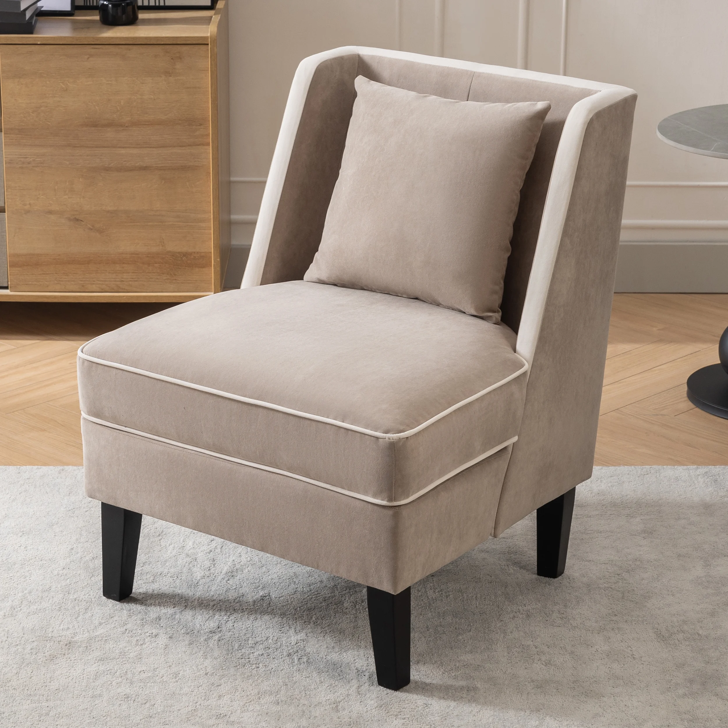 CoSoTower Velvet Upholstered Accent Chair with Cream Piping, Tan and Cream