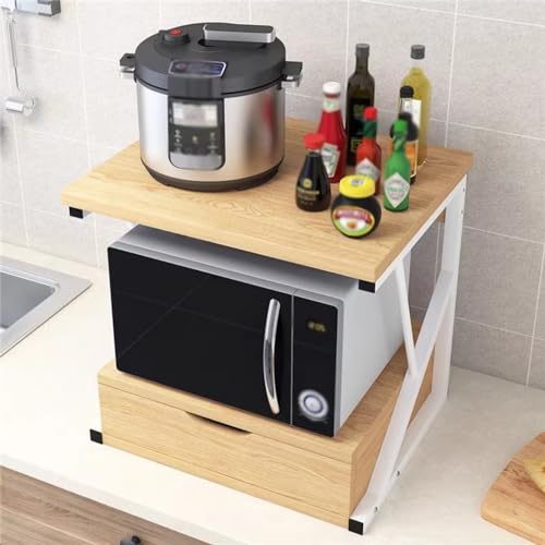 FUYAO Countertop 2 Tier Wooden Microwave Stand Shelf with Drawer Kitchen Storage Shelf Organizer Rack Home Office Storage Stand Rack for Printer and Microwave
