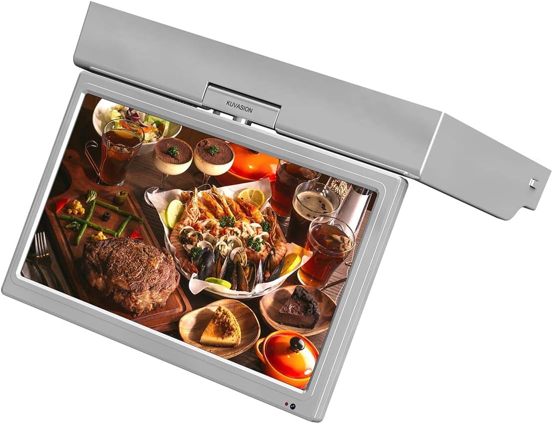 15.6 Inches 1080p Flip Down Kitchen TV, Under Cabinet Kitchen TV, FHD Screen, Glossy Silver Grey, Built-in ATSC+NTSC Tuner, HDMIx2, USB