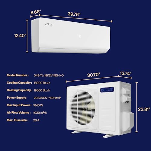 Della Mini Split Air Conditioner Ductless Inverter System with Heat Pump, WIFI Smart Control and Pre-Charged Condenser