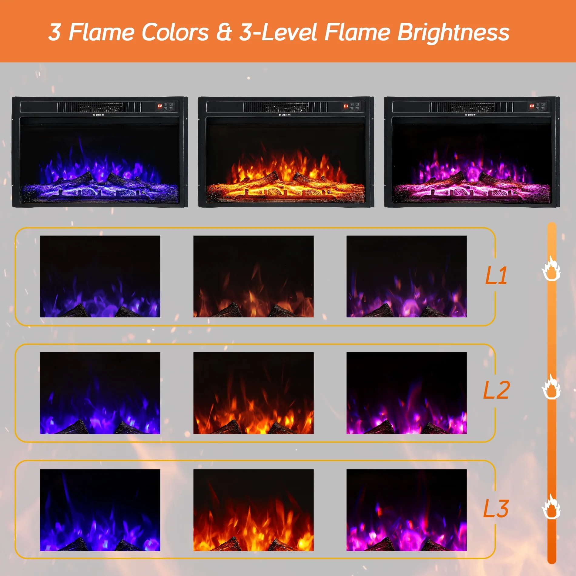 Electric Fireplace 28 inch, 1400W Fireplace Heater with Thermostat, Adjustable Flame Color and Brightness, Remote Control with Timer