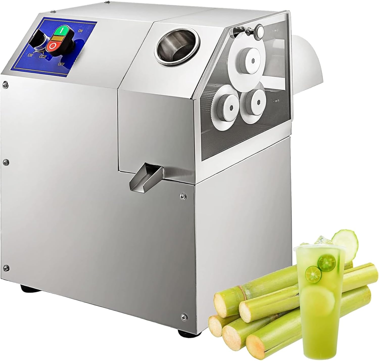 Electric Sugarcane Press 3 Stainless Steel Rollers 550lb/h Output Sugar Cane Juicer Machine with Transparent Door for Commercial & Home Sugar Cane Juicing Extractor Machine, Silver