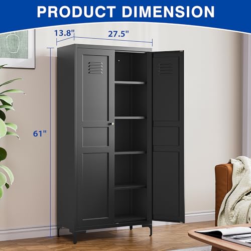 Kitchen Pantry Storage Cabinet with Adjustable Shelves Metal Cupboard Storage Cabinet with Adjustable Feet Pantry Cabinet for Kitchen, Living Room Dinning Room Bathroom. (Black, 61 inch)