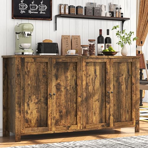 Buffet Cabinet with Storage Farmhouse Buffet Sideboard with 4 Doors, 55'' Large Kitchen Storage Cabinet Wood Coffee Bar Buffet Table for Kitchen, Dining Room, Entryway