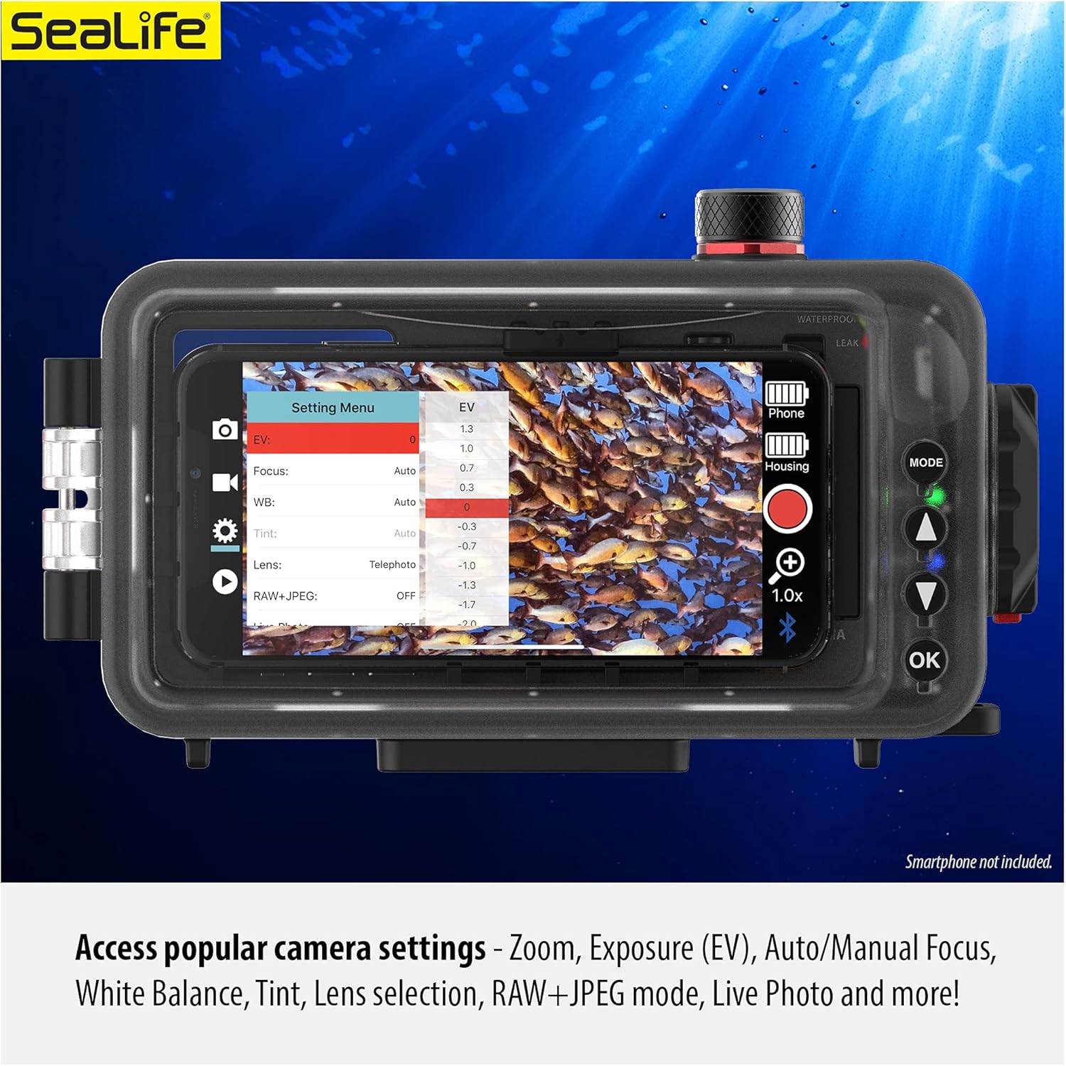 Underwater Smartphone SeaLife Scuba Case – Waterproof Photography, Access Camera Controls, Leak Alarms, Black, Without Light