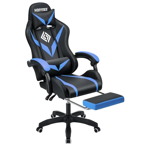 HOFFREE Gaming Chair Massage with Bluetooth Speakers and Led Lights Ergonomic Computer Gaming Chair with Footrest RGB Video Game Chair with High Back Lumbar Support Blue and Black