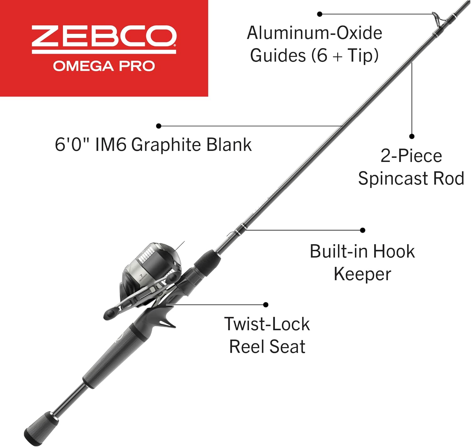 Zebco Omega Pro Spincast Reel and Fishing Rod Combo, IM6 Graphite Fishing Pole, Size 30 Reel, Pre-spooled with 10-Pound Zebco Line