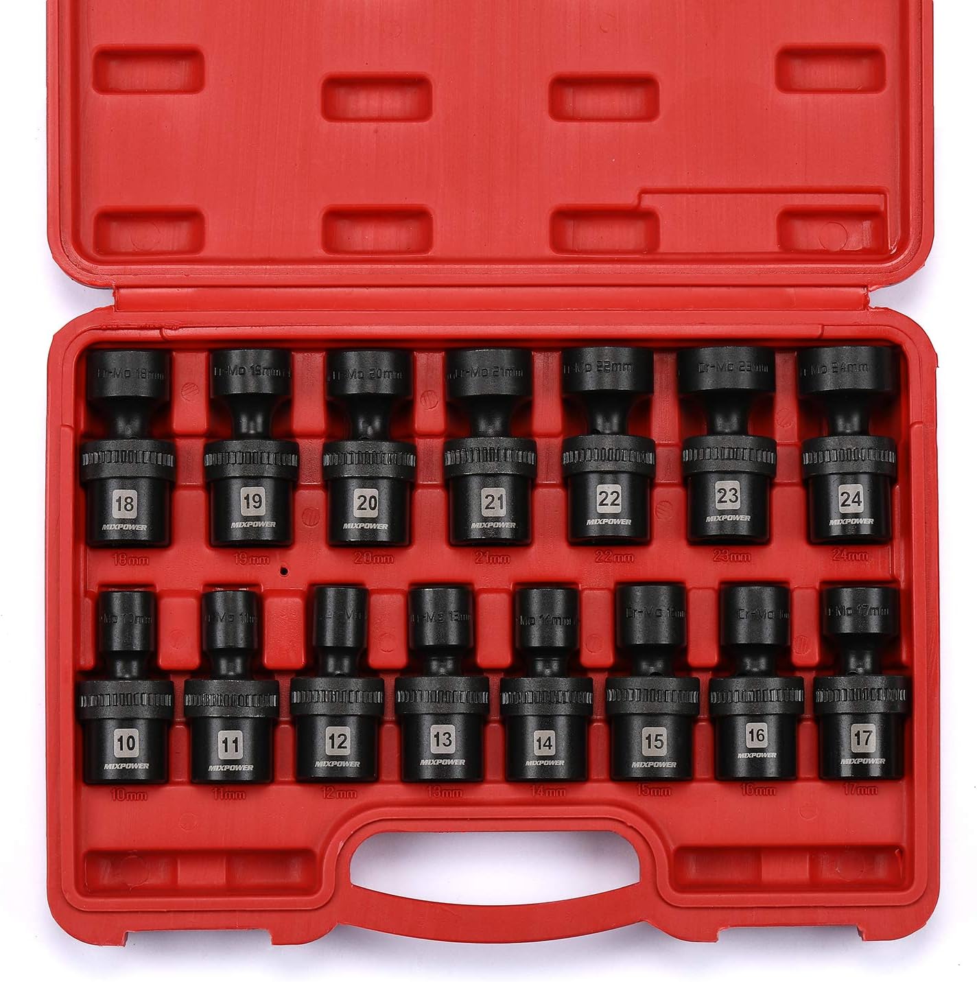 MIXPOWER 10-piece 3/8" Drive Shallow Universal Impact Socket Set, Metric,10-19mm, Swivel Socket with Flexible Wobble, CR-MO