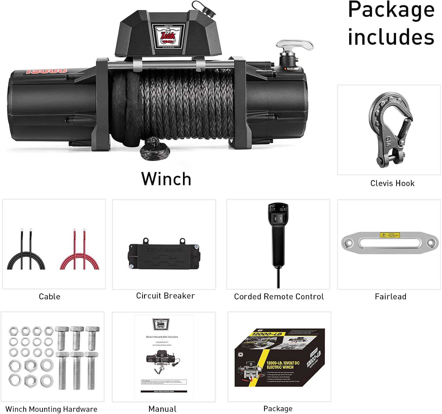 ZEAK 13000 lb. Premium Electric Winch 12V Waterproof Synthetic Rope, Wireless Remote, for Truck SUV