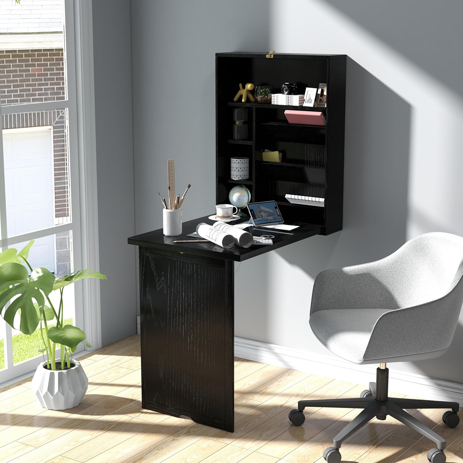 Wall Mounted Desk, Multi-Function Home Office Workstation with Storage Shelves, Space Saving Fold Out Convertible Floating Table for Bedroom, Living Room, Study Room, and Small Spaces (Black)