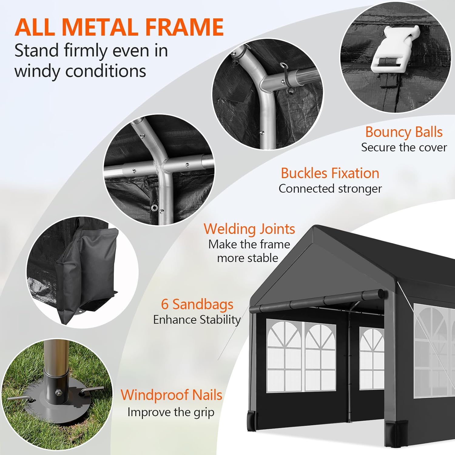 12 * 20 Heavy Duty Carport Canopy, Portable Car Tent Garage with 6 Roll-up Windows and All-Season Tarp Cover, Metal Roof & 4 Sandbags for Car, SUV, Truck & Boat, Black