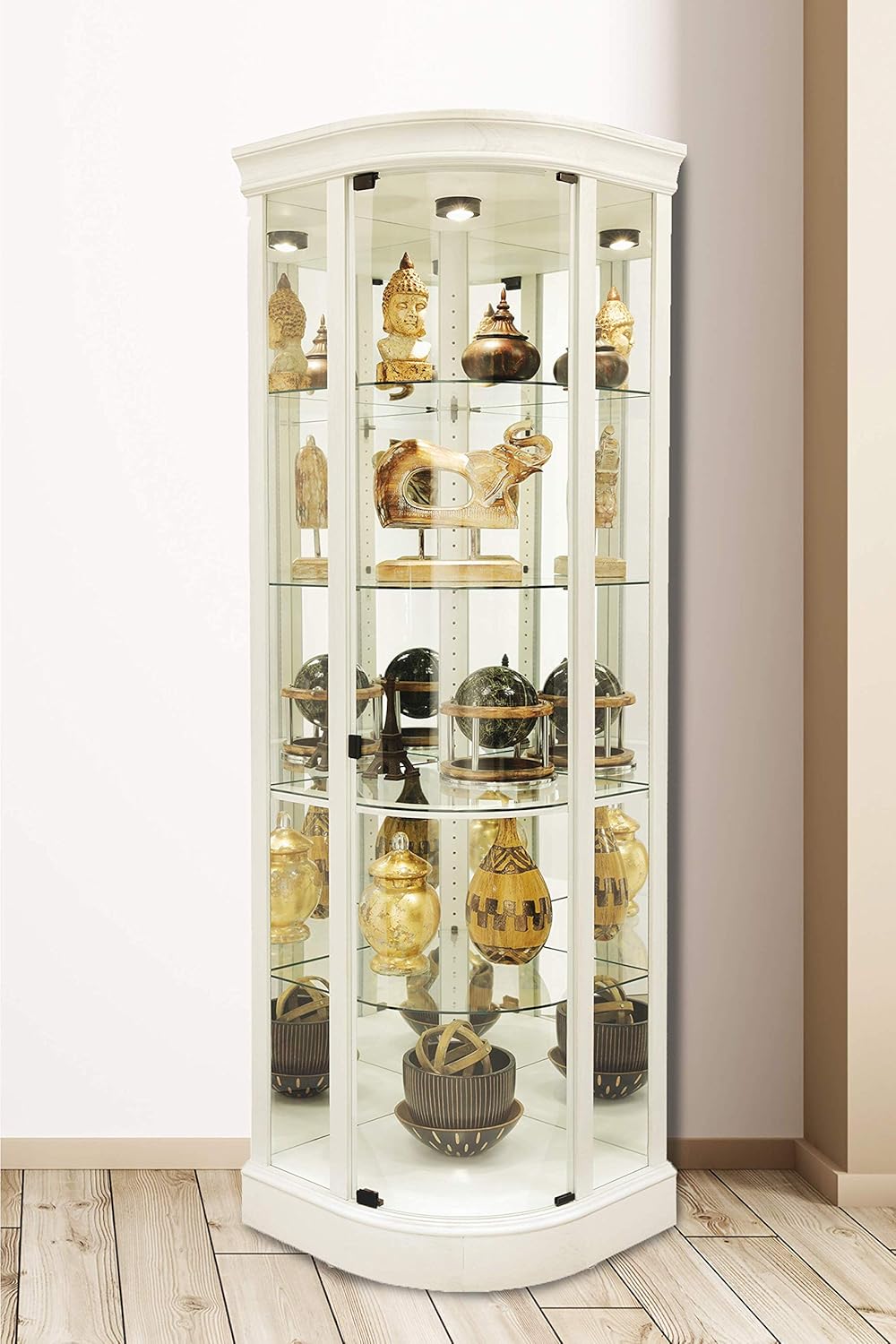 Howard Miller Marlowe IV Corner Curio Cabinet 680-665 – Aged Linen Finish Home Decor, Four Glass Shelves, Five Level Display Case, No Reach Roller Halogen Light