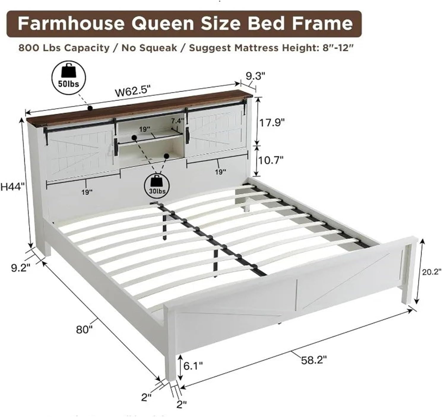 Farmhouse Queen Size Bed Frame with Storage Bookcase Headboard with Sliding Barn Door, Rustic Wood Platform Bed,Modern Style, xx-921