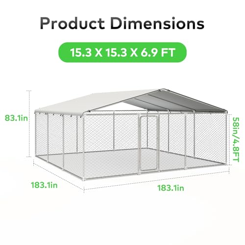 7.8x7.8 FT Extra Large Outdoor Dog Kennel Outside, Heavy Duty Dog Enclosure with Waterproof Cover and Security Lock, Galvanized Chain Link Dog Cage for Large Dogs