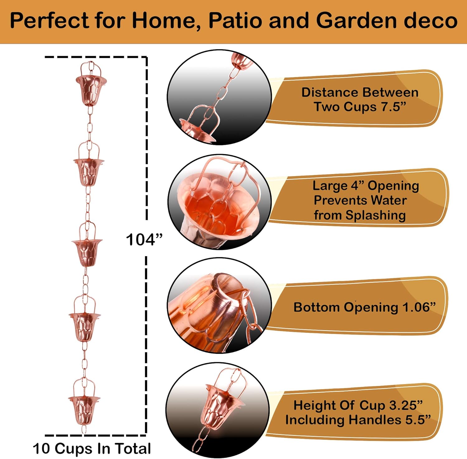 Strawbula Rain Chains for Gutters - Rain Chain for Downspouts for Heavy Rain - Premium Quality Antique Copper Rain Chains with Rain Chain Gutter Adapter, Decorative Rain Catcher Chimes for Gutter Pack of 2