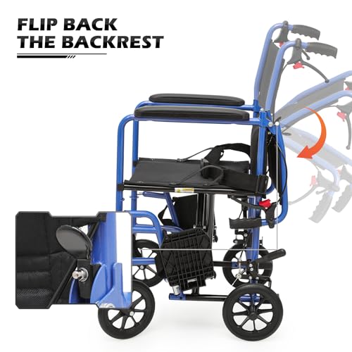 monicare Lightweight Wheelchair for Adults, with Locking Hand Brakes, 8 Inch Rear Wheels and Back Folds Down User-Friendly Transport Compact 16 Inch Seat Wheel Chair, 250 lbs Weight Capacity, Red