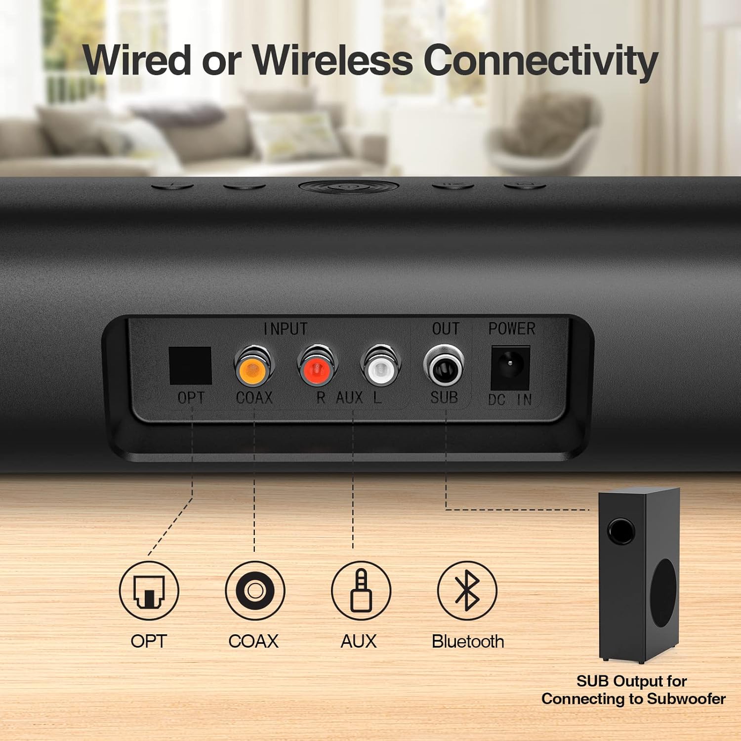 Saiyin Sound Bars for TV with Subwoofer, 100W 2.1 CH Surround Sound System, DSP Home Theater Audio, Bluetooth 5.0/Optical/RCA Connectivity