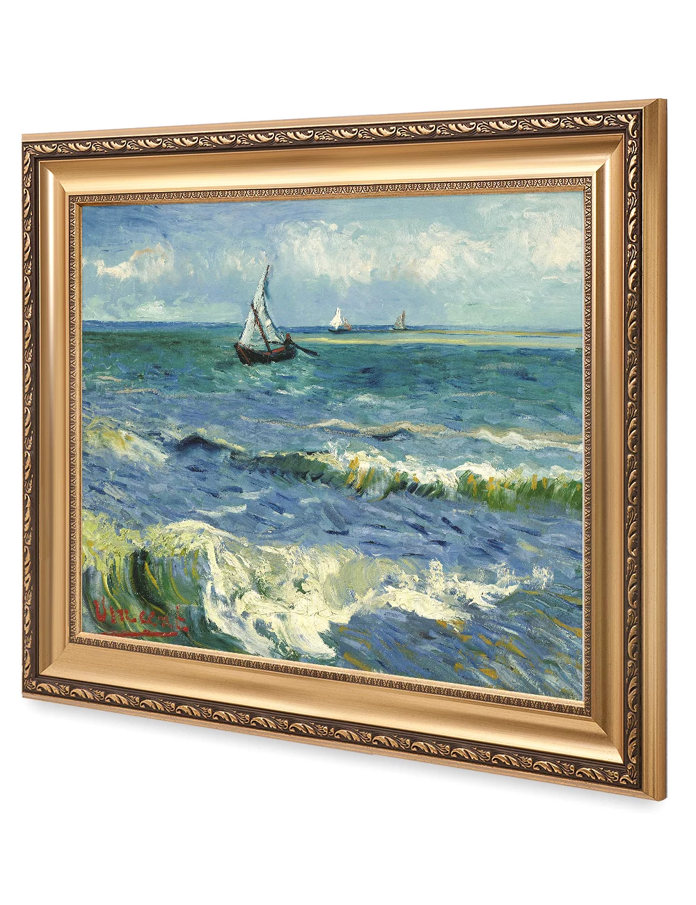 DECORARTS - The Sea at Les Saintes-Maries-de-la-Mer - Vincent Van Gogh. Giclee Print on Canvas with matching Golden-relief Framed Wall Art. Total with Framed size: 30x26
