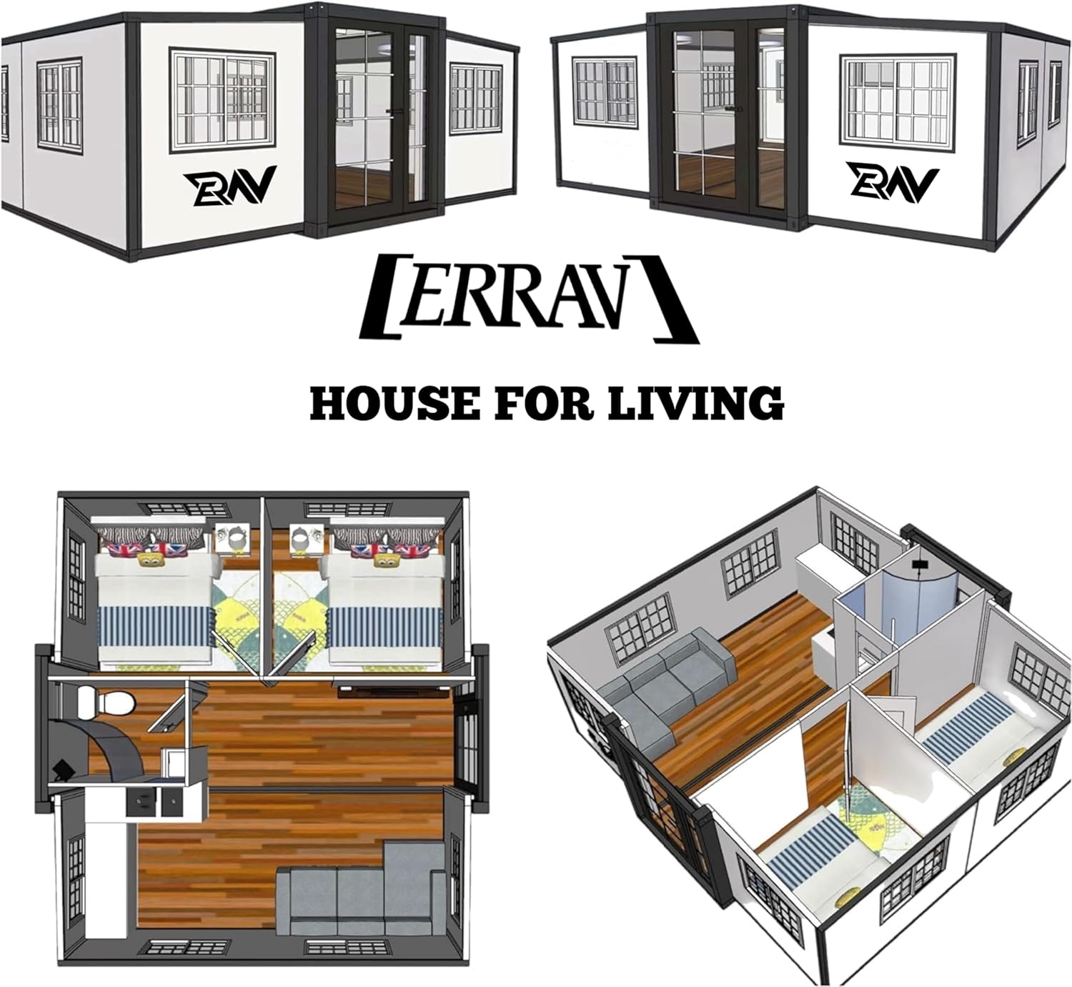 Modular Guest House - 19 x 20 FT, Foldable House, Container Home, Portable House, Tiny House for Small Family, Tiny Expandable Prefab House to Live in 1 Bathroom, 2 Rooms, and 1 Kitchen