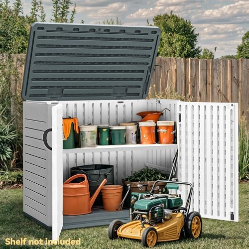 DWVO Outdoor Weather-Resistant Horizontal Storage Shed, 35 Cu Ft Capacity, Lockable and Waterproof, Suitable for Storing Garden Tools, Light Gray