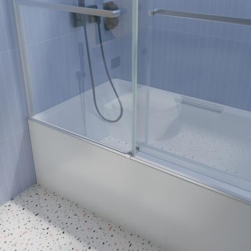56-60in.W x 65in.H, Frameless Sliding Tub Door, with Clear Tampered Glass, Double Smooth Gliding Open and Close, Soft Closing, Reversible Installation, Brushed Nickel