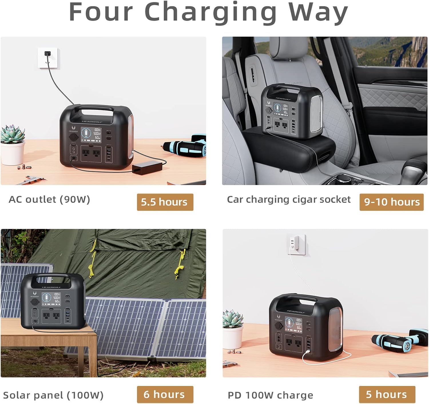 Headwolf D500 Portable Power Station, 518Wh LiFePO4 Battery Backup,110V/500W AC Outlets 9-Ports Outdoor Generator,PD100W in/Out Put Solar Generator for Camping, Outdoors,Home Blackout