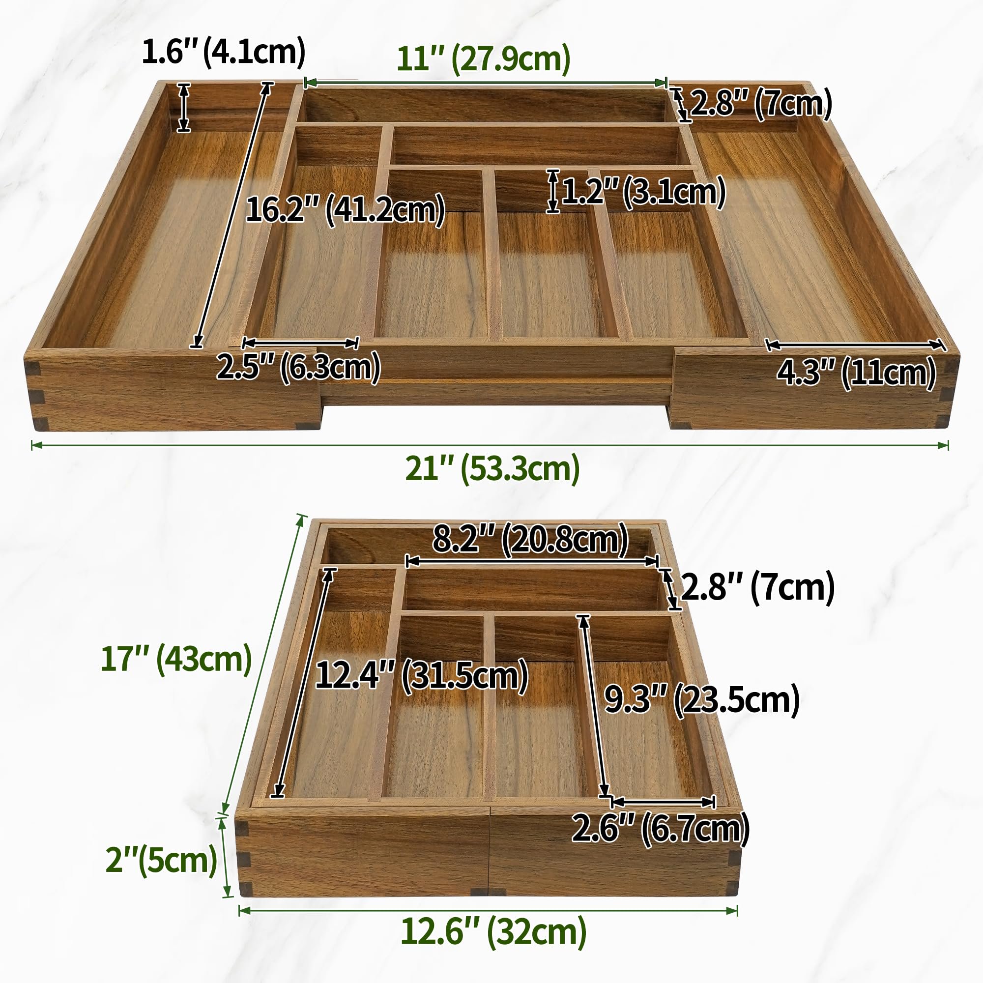 Acacia Cutlery Tray Organizer, Adjustable Kitchen Drawer Divider for Flatware, 8 Compartment Utensil Holder, Fits Standard Drawers, Multipurpose Storage, Brown