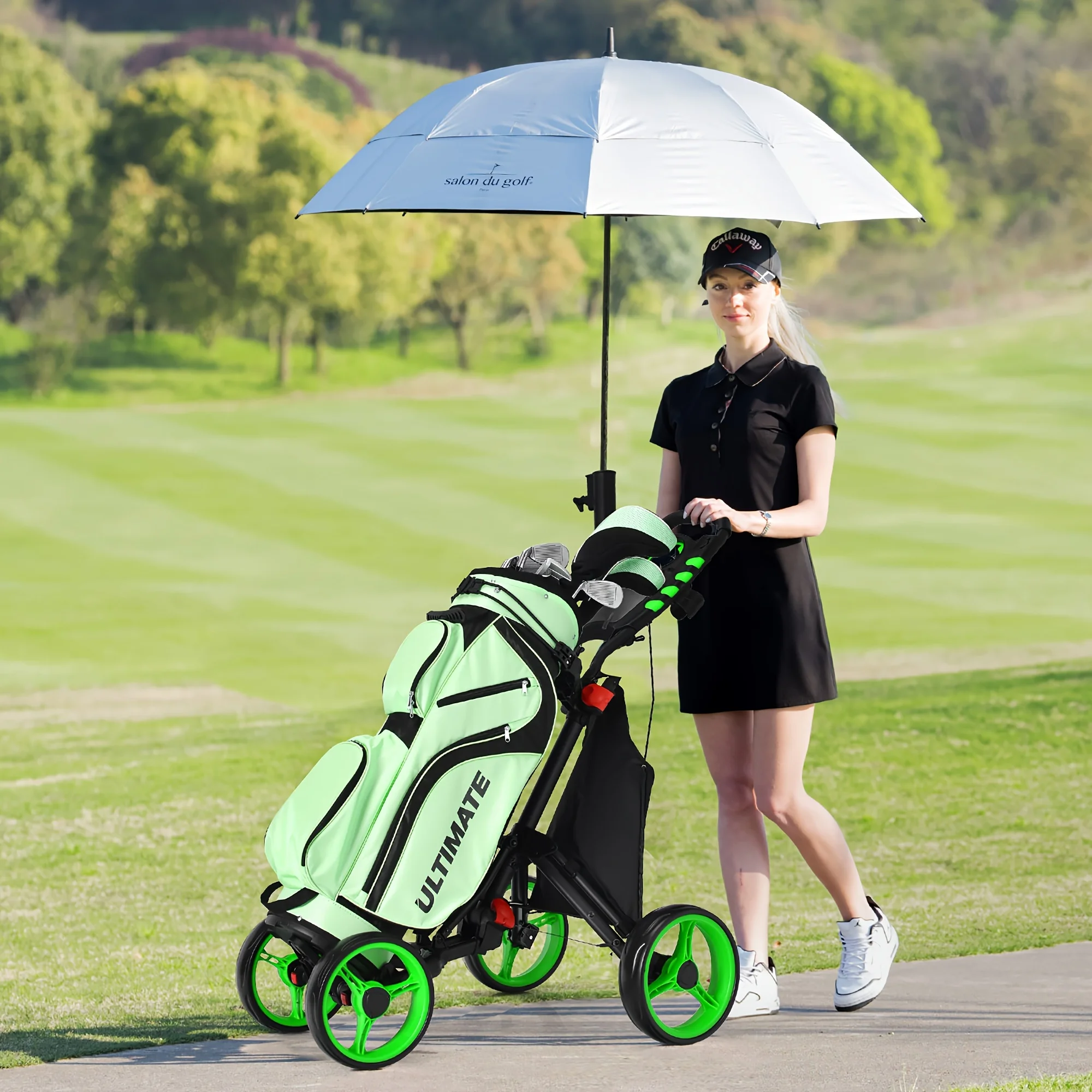 PGAST 4-Wheeled Golf Push Cart-Compact Folding Design, Adjustable Handle, Built-in Scoreboard-Accessories Bag Included, Ideal for Golf Enthusiasts - Curated Treasures Market