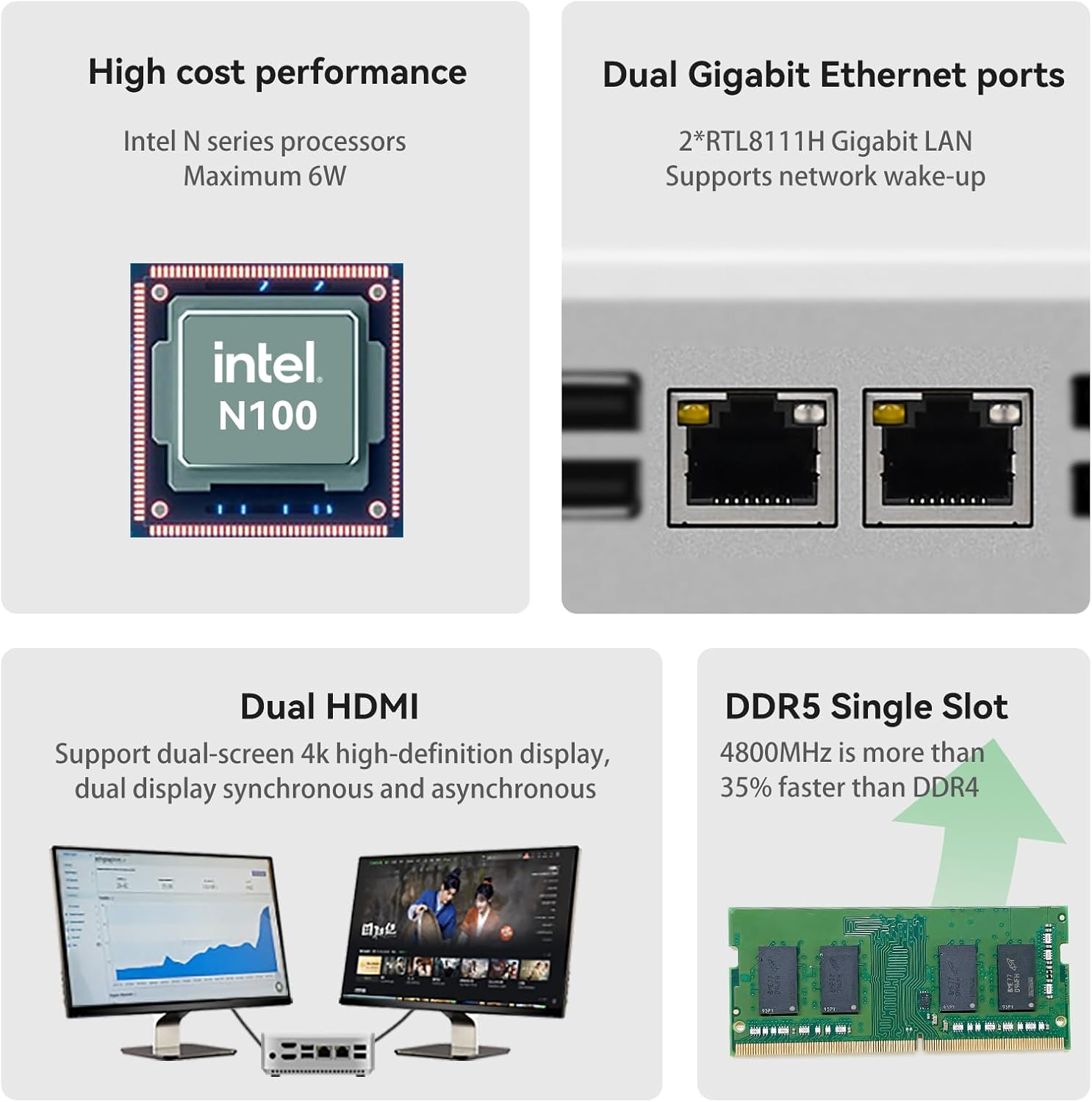 Mini PC Mini Desktop Compute Intel 12th Gen Alder Lake N100 (up to 3.4GHz) mini desktop 16GB DDR5 RAM 500GB SATA3 M.2 SSD 4K Dual Display/2*HDMI/WiFi 6/BT5.2/Dual Gigabit Port for Business Home Office