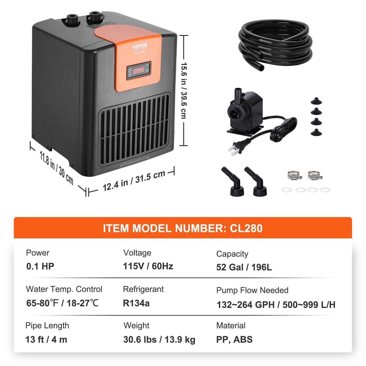 VEVOR Aquarium Chiller, 52 Gal 196 L, 1/10 HP Hydroponic Water Chiller, Quiet Refrigeration Compressor for Seawater and Fresh Water HWQLQQJRQ01HPZC9FV1 - Pet Supplies online store