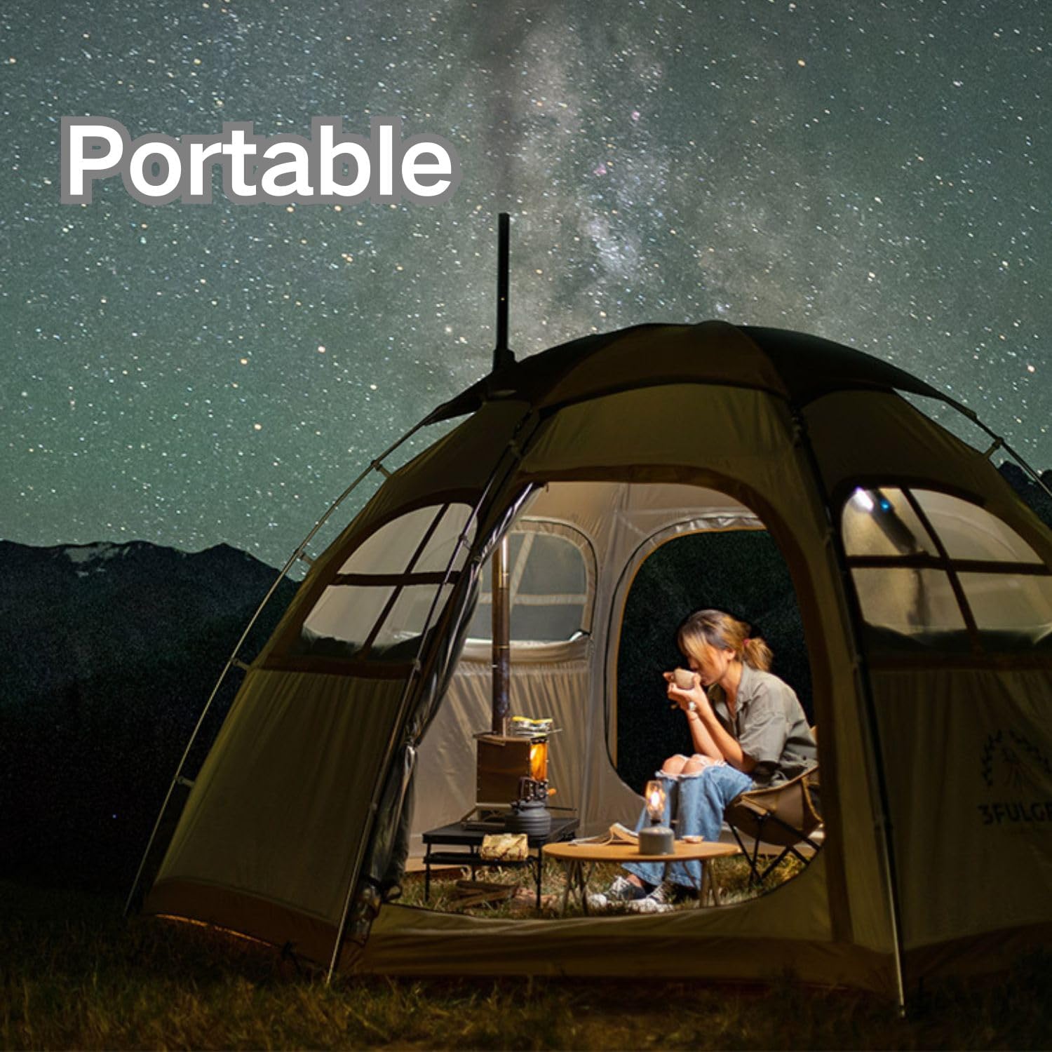 3F UL GEAR Portable Outdoor Wood Burning Stove with Chimney Pipe, Tent Heater & Stove with Fireproof Glass Window, Camping Stove Oven With Pellet Bin for Backpacking,Fishing, Hiking,Picnic