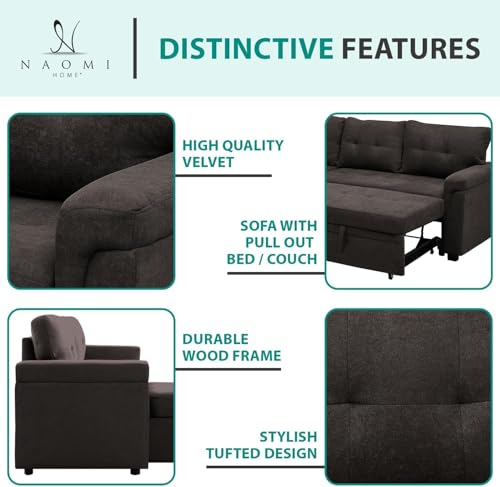 Naomi Home Jenny Sectional Sofa Sleeper with Storage Chaise, Tufted Pull Out Couch with Storage, L-Shaped Reversible Sleeper Sofa with Storage, Black,Air Leather