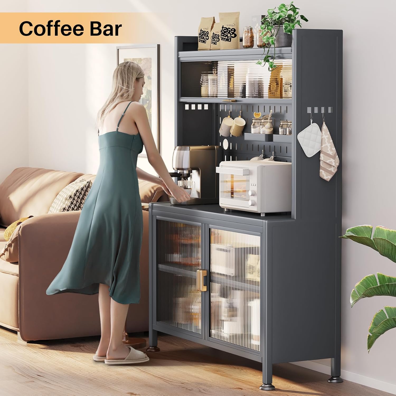 5-Tier Bakers Rack for Kitchen, Microwave Stand Cart with Cabinet, Multifunctional Storage Cabinet Rack, Grey
