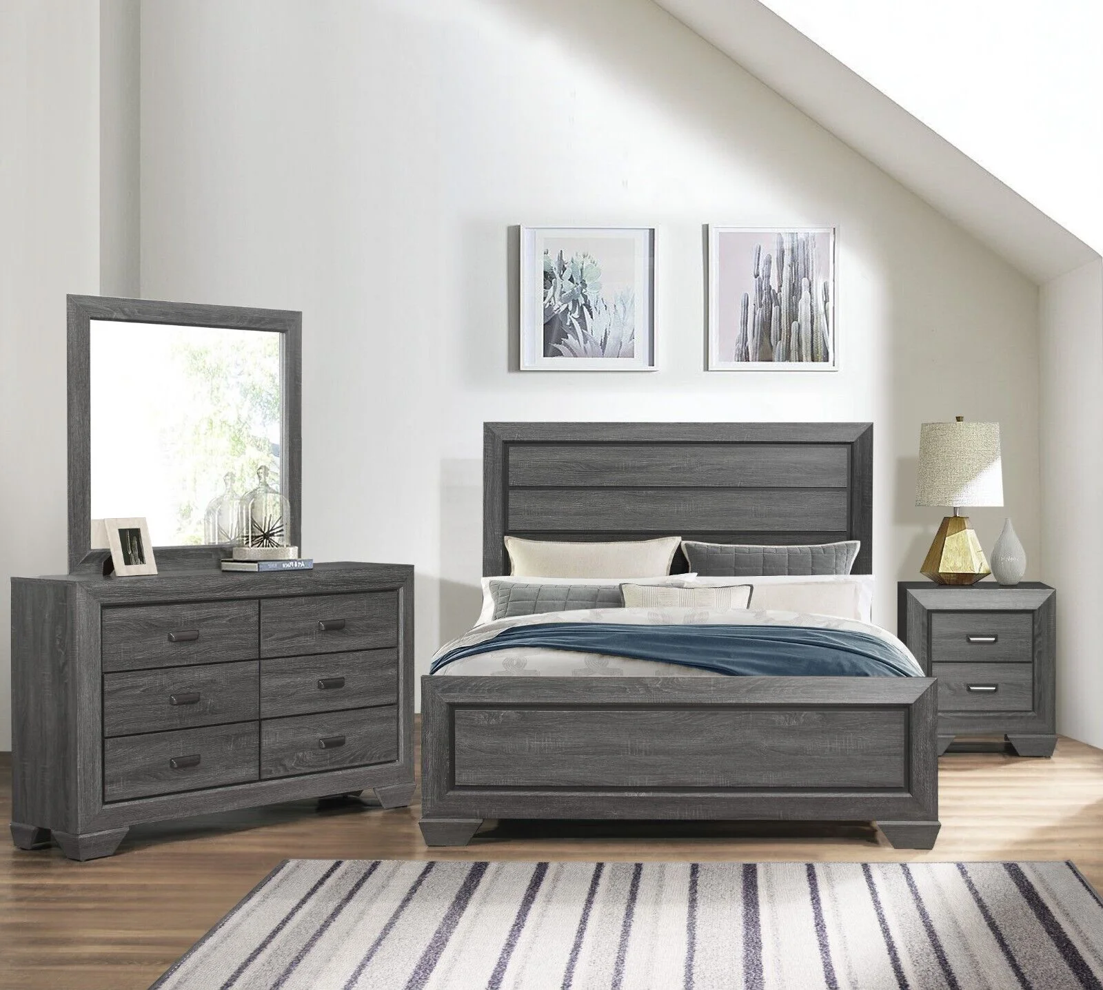 Contemporary 5pc Queen Size Bedroom Set Gray Finish Bed Dresser Mirror Nightstand Wooden Bedroom Furniture