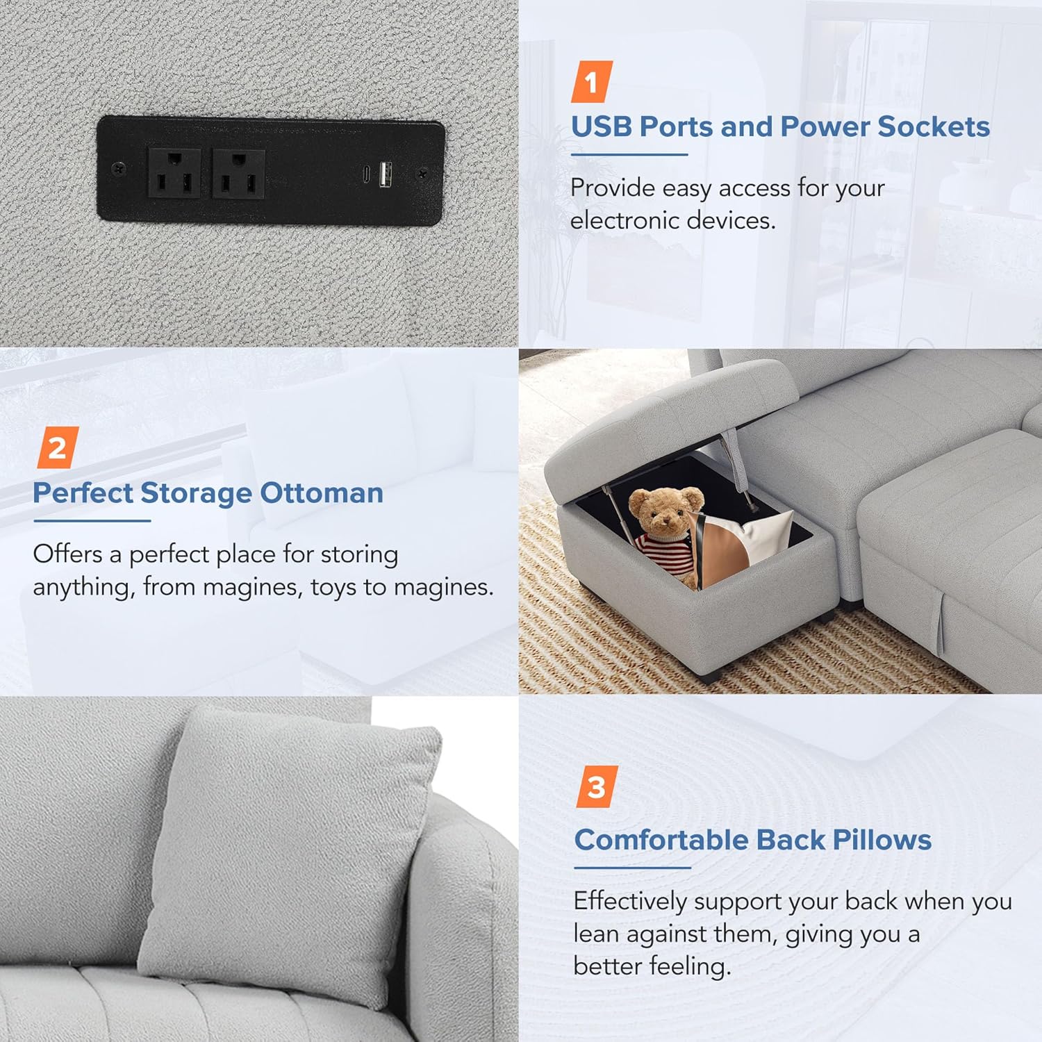 82.6" L-shaped Sectional Pull Out Sofa Bed Sleeper Sofa with Two USB Ports, Two Power Sockets and a Movable Storage Ottoman, Gray