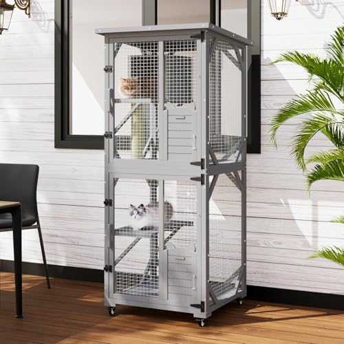 LEMBERI Cat House Outdoor Catio Cat Enclosures on Wheels, 71" Large Outside Patio Wooden Cat Cage Resting Box,Scratching Post, Waterproof Roof (Gray, 71")