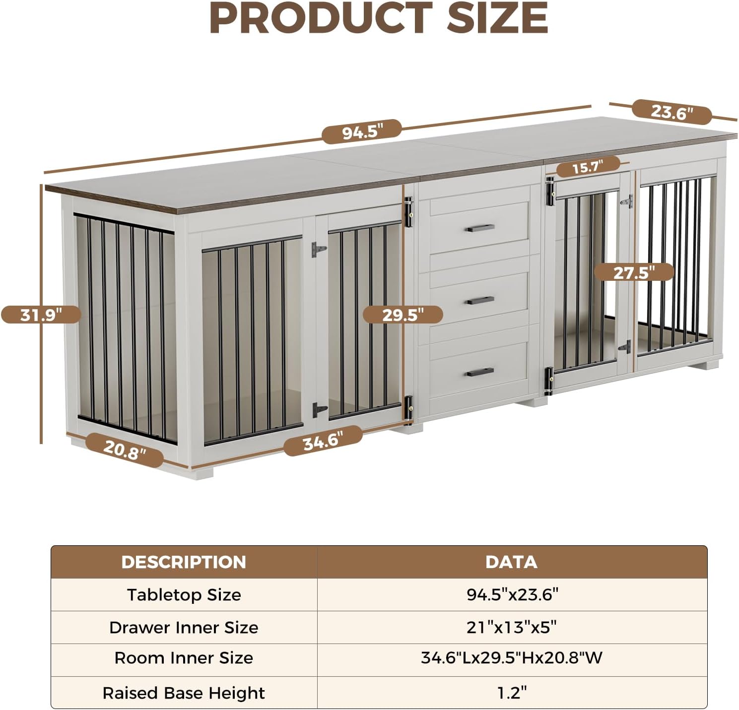94.5" Large Dog Crate Furniture for 2 Dogs, Wooden Double Dog Kennel Furniture with 3 Drawers, Heavy Duty Indoor Furniture Style Dog Crate/TV Stand - White