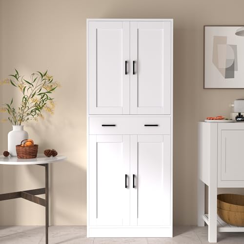White Kitchen Pantry Cabinet, 71" Tall Kitchen Storage Cabinet with doors and drawer, Freestanding Wooden Storage Cabinet for Kitchen, Dining room, Hallway
