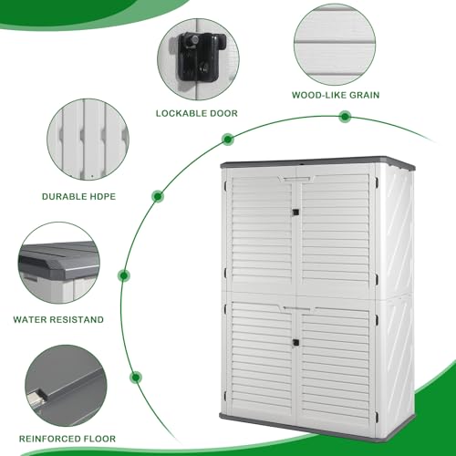 VINGLI Outdoor Storage Shed, Resin Storage Cabinet with Lockable Design, Weatherproof Tool Shed with HDPE Material, Resin Deck Box for Garden Tools, Pool Equipment, Garbage Cans, White (59 Cu.ft)