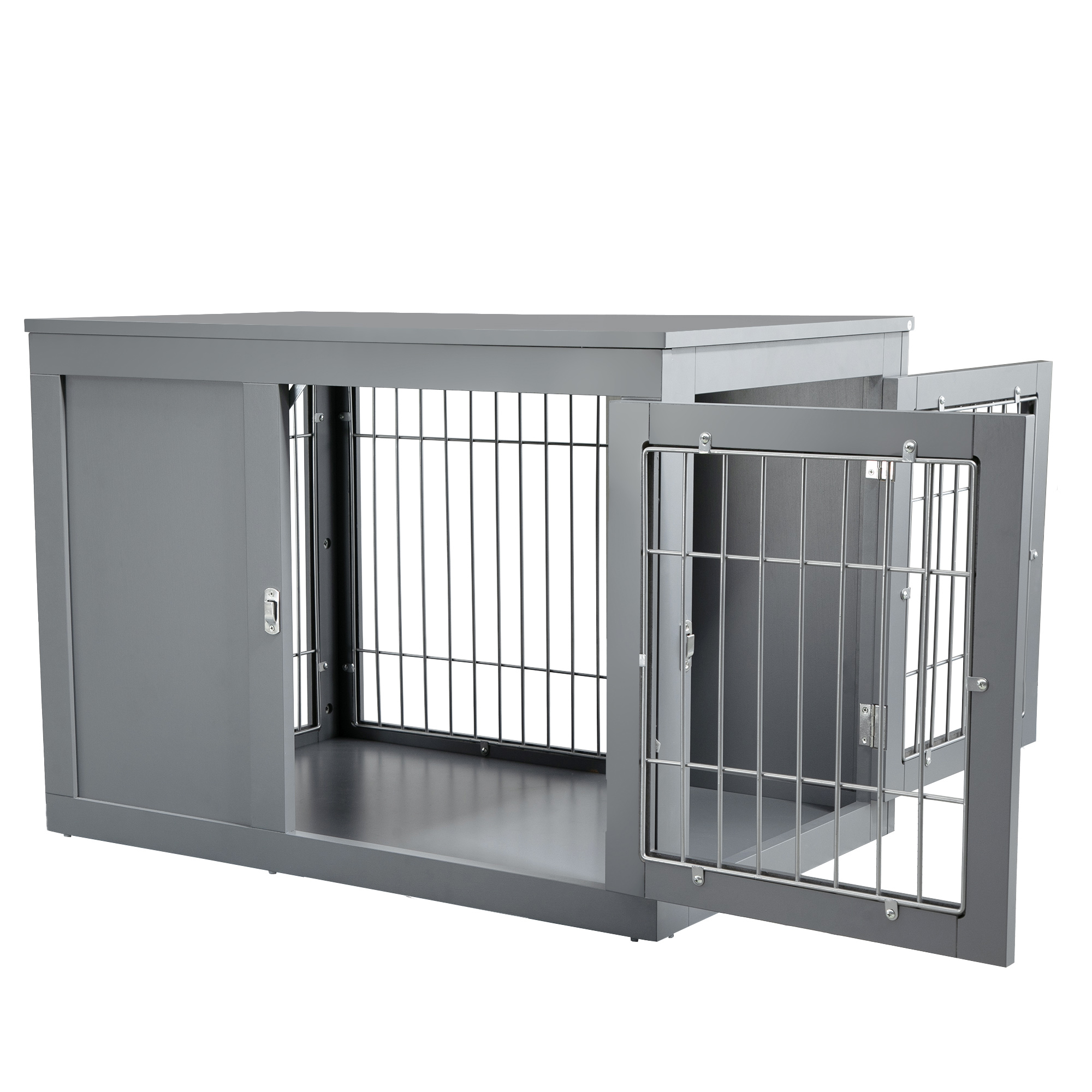 PawHut Dog Crate Furniture Wire Indoor Pet Kennel Cage, End Table with Double Doors, Locks for Small and Medium Dog House, Grey