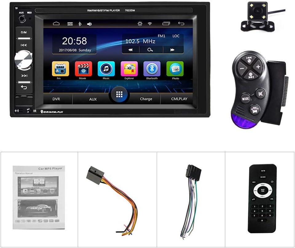 UNITOPSCI Car Multimedia Player Double Din Bluetooth Car Stereo 6.2 Inch Touch Screen Car Radio Hands Free Call MP5 Player USB SD Auxiliary Input FM Radio Receiver with Backup Camera Remote Control Pack of 2