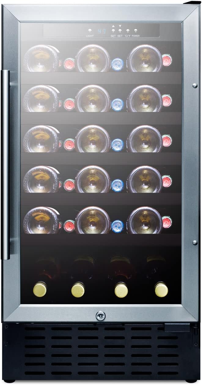 Summit SWC1840BADA 18"" ADA Compliant Built-In Wine Cellar with 34 Bottle Capacity Black Cabinet 5 Wood Shelves and Automatic Defrost in Stainless Steel