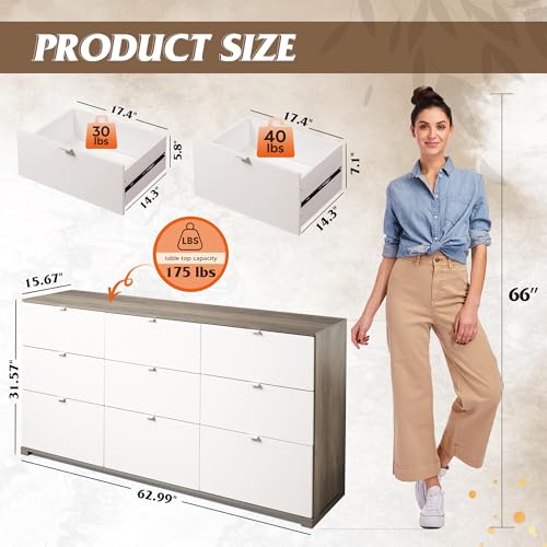 WLIVE 9 Drawer Dressers, Modern Large Wood Dresser Chest for Bedroom Organize with Sturdy Metal Handle, TV Stand for 75 inch TV, Living Room Office, Hallway, Ball Bearing Slide, Grey Oak (63" W)