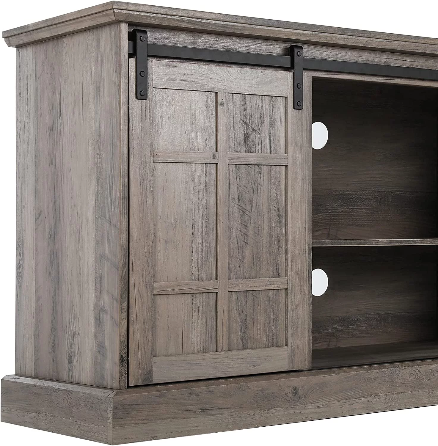 Farmhouse TV Stand, Entertainment Center for 65 inch TV, 58" TV Stand with Sliding Barn Door, Stylish Coastal TV Console and Raised Panel Molding, Wash Gray