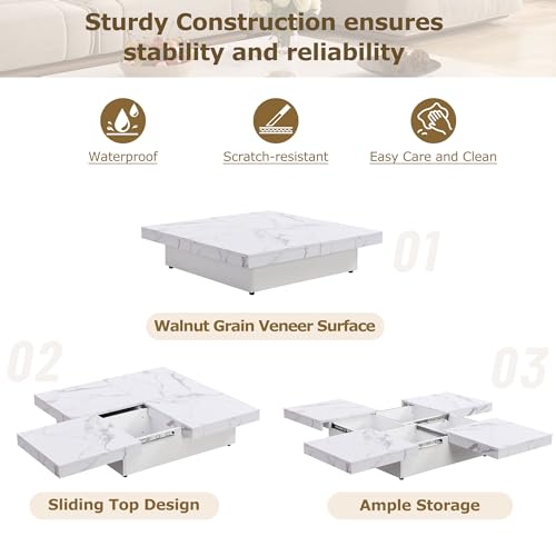 Square Coffee Table, 39.4" - 66.1" Marble Veneer Coffee Table Sliding Top with Storage, Modern Wood Center Table for Living Room, Apartment, White