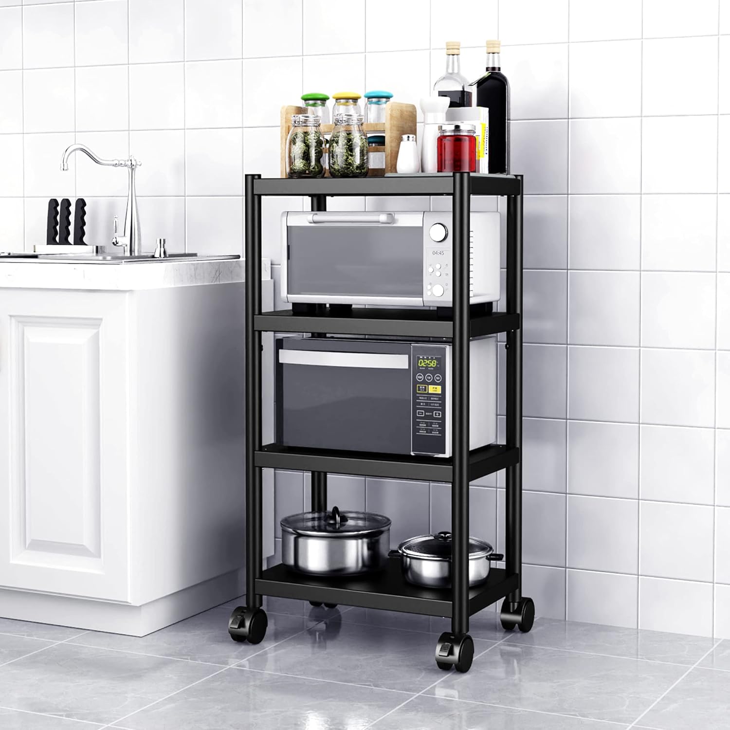 WPT Kitchen Baker's Rack Utility Storage Shelf Microwave Stand Cart on Wheels, Adjustable Kitchen Organizer Rack 4 Tier Shelves，Stainless Steel &hellip;