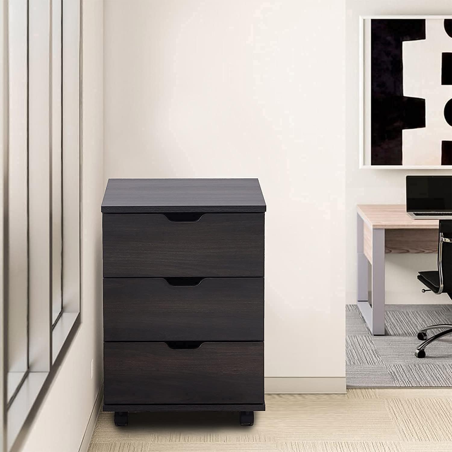 3 Drawer Wood Rolling Office Filing Cabinet for Desk (Dark Walnut)